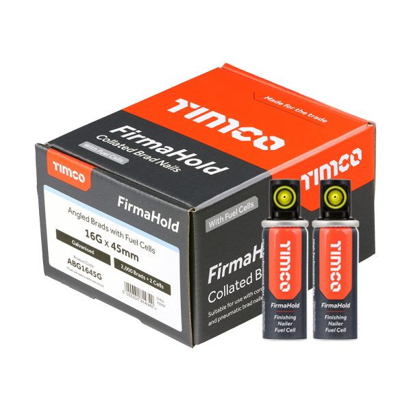 TIMCO FirmaHold Collated Brad Nails & Fuel Cells - 16 Gauge - Angled - Galvanised - 16g x 45/2BFC