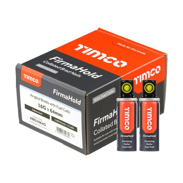TIMCO FirmaHold Collated Brad Nails & Fuel Cells - 16 Gauge - Angled - Galvanised - 16g x 64/2BFC