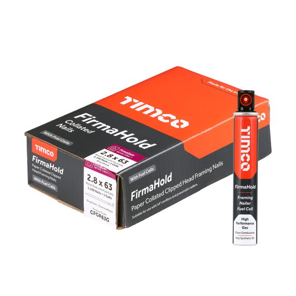 TIMCO FirmaHold Collated Clipped Head Nails & Fuel Cells - Retail Pack - Ring Shank - FirmaGalv - 2.8 x 63/1CFC