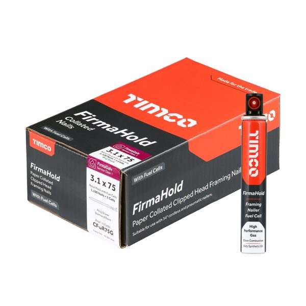 TIMCO FirmaHold Collated Clipped Head Nails & Fuel Cells - Retail Pack - Ring Shank - FirmaGalv - 3.1 x 75/1CFC