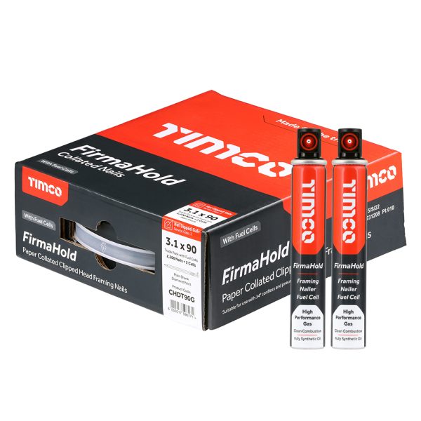 TIMCO FirmaHold Collated Clipped Head Nails & 2 Fuel Cells - 3.1 x 90mm - Plain Shank - Hot Dipped Galvanised