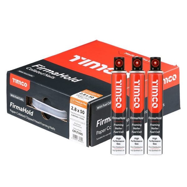 TIMCO FirmaHold Collated Clipped Head Nails & Fuel Cells - Trade Pack - Ring Shank - FirmaGalv + - 2.8 x 50/3CFC
