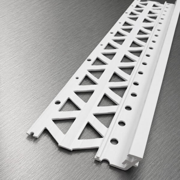 White uPVC external render stop 2.5m x 10-15mm with perforated fixing wings