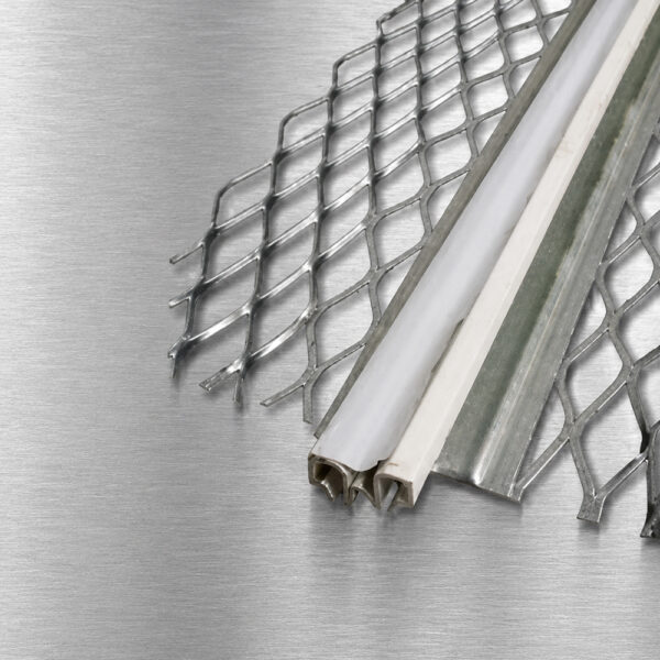 Plasterboard movement bead with expanded metal wings on a brushed metal background