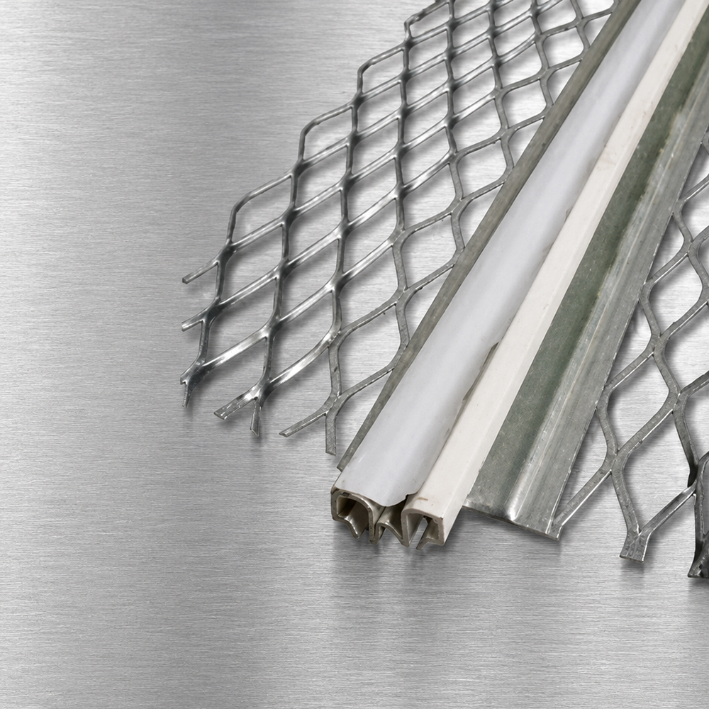 MB3X12_Galvanised Plasterboard movement bead with expanded metal wings on a brushed metal background