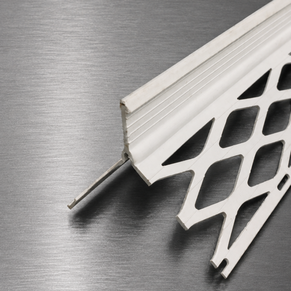 White uPVC plastering bead with perforated mesh wing