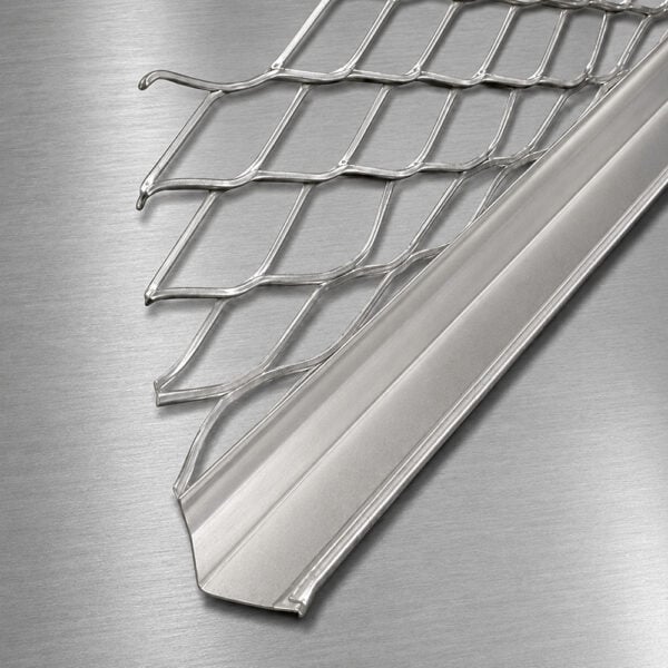 Stainless Steel Plaster Stop Bead with expanded metal mesh on a brushed metal background