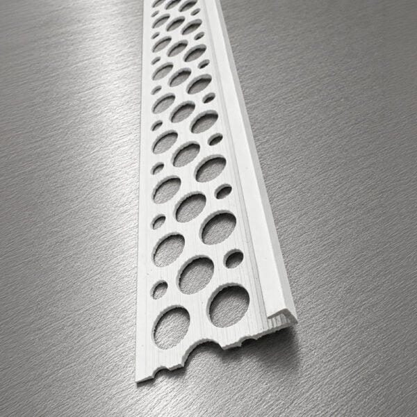 White Plaster Stop uPVC 2.5M x 3mm with perforated wing on a brushed metal background – box of 25.