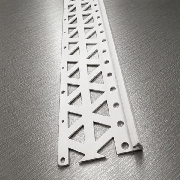 White uPVC plaster stop bead with triangular perforated wing on a brushed metal background.