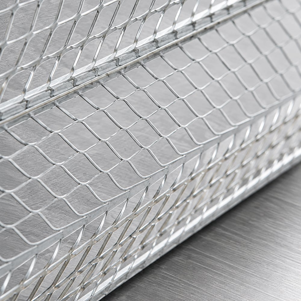 RLS_Lifestyle Close-up of stainless steel Rib Lath Sheet showing raised ribs and expanded metal mesh