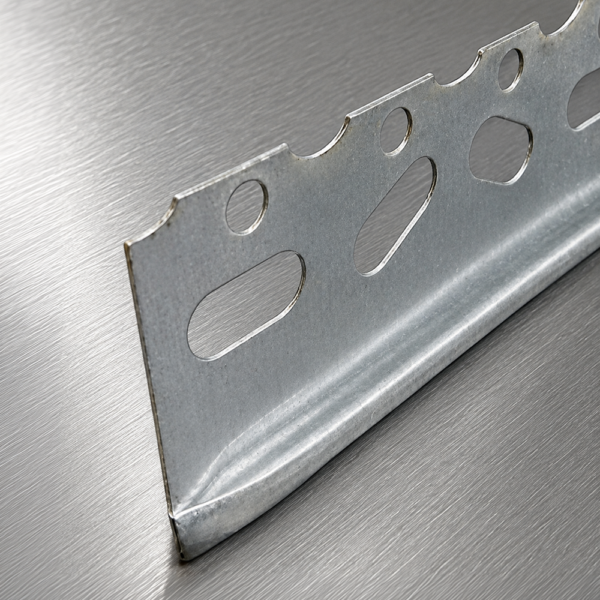 Galvanised Thin Coat Plaster Stop with perforated fixing holes on a brushed metal background.