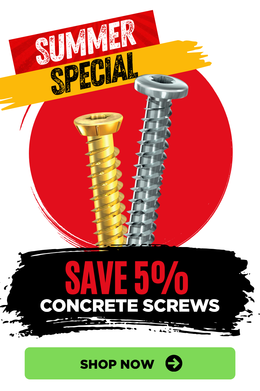 Summer Special promotion featuring 5% off TIMCO concrete screws for fast and secure masonry fixing.