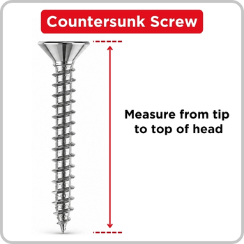 Diagram showing how to measure the length of a countersunk wood screw from the tip to the top of the screw head.
