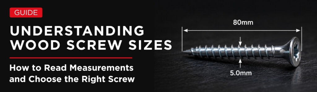 Understanding wood screw sizes guide showing a 5.0 x 80mm wood screw with diameter and length measurements explained.