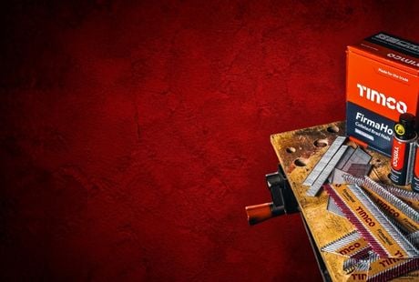 FirmaHold banner: TIMCO FirmaHold collated nails and fuel cells on a workbench