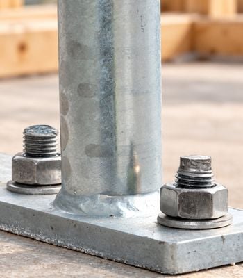 Galvanised steel base plate secured with bolts, nuts and washers