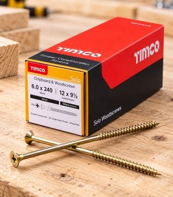 TIMCO Solo wood screws and box on a timber workbench