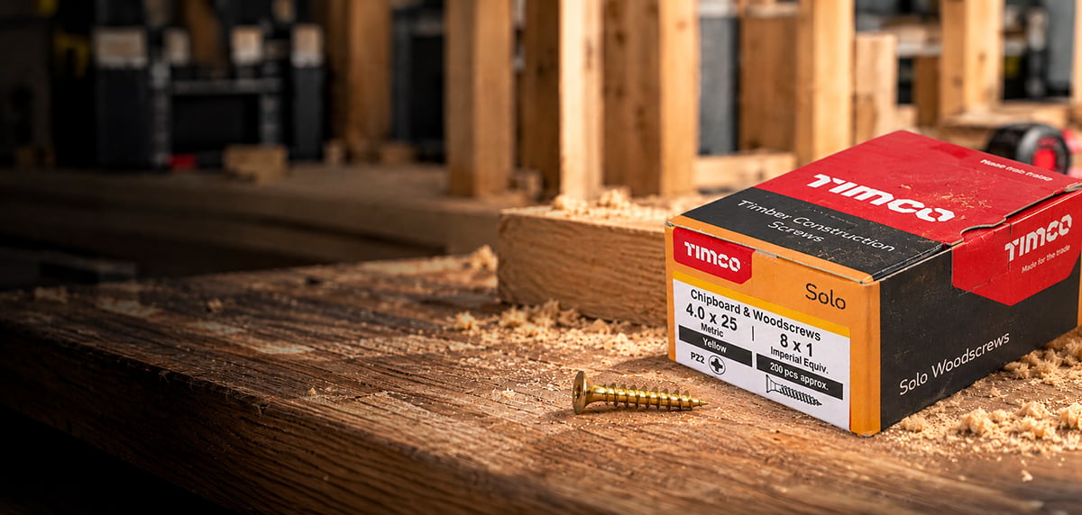 Timco Solo wood screws and box on a timber workbench