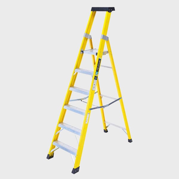 TB Davies INSUL8-P fibreglass professional platform step ladder with yellow stiles and aluminium treads.