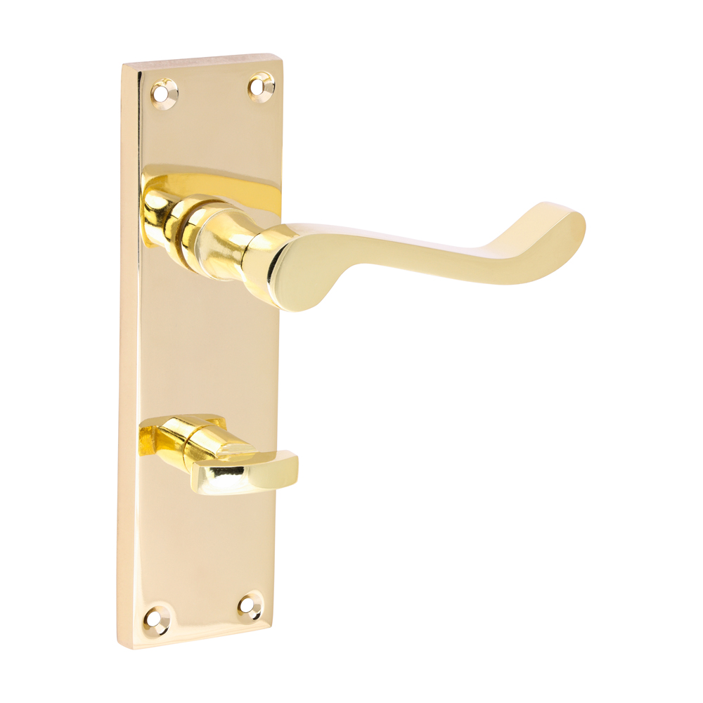 200346_w1 Victorian Scroll bathroom handle in polished brass with 152 x 42mm backplate and thumbturn