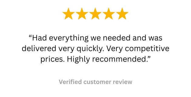 Five-star verified customer review praising fast delivery, competitive prices and product availability from Fast Fixings Online.