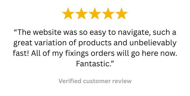 Five-star verified customer review praising the easy-to-navigate Fast Fixings Online website, wide product range and fast delivery.